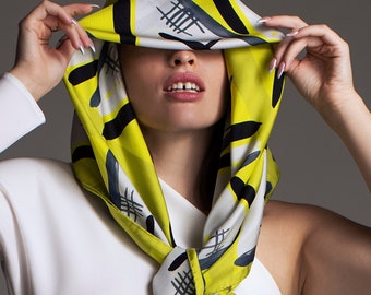 Printed silk scarf in Vibrant Neon Yellow, Black, Grey and White, Square twill designer scarf by Dikla Levsky