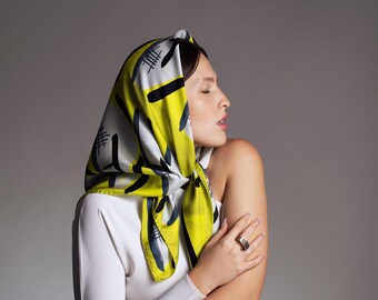 Printed silk scarf in Vibrant Neon Yellow, Black, Grey and White, Square twill designer scarf by Dikla Levsky