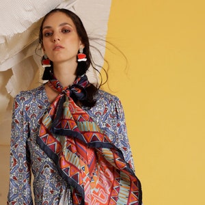Printed square silk twill scarf, Bold red ethnic foulard, Luxurious designer scarf by Dikla Levsky, Gift for her image 3