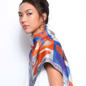 Printed silk twill scarf, Square Colorful scarf, Etsy design awards finalist. Orange, Grey, Blue, Original design by Dikla Levsky image 2