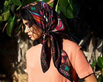 Chocolate printed square silk scarf, Made in Italy, Colorful head scarf, Designer luxury foulard by Dikla Levsky