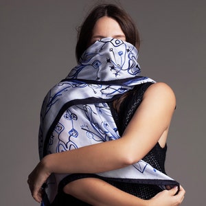 White and Blue printed rectangular silk scarf, Light and airy shawl, Original hand drawn artwork followed by digital printing, Made in Italy image 3