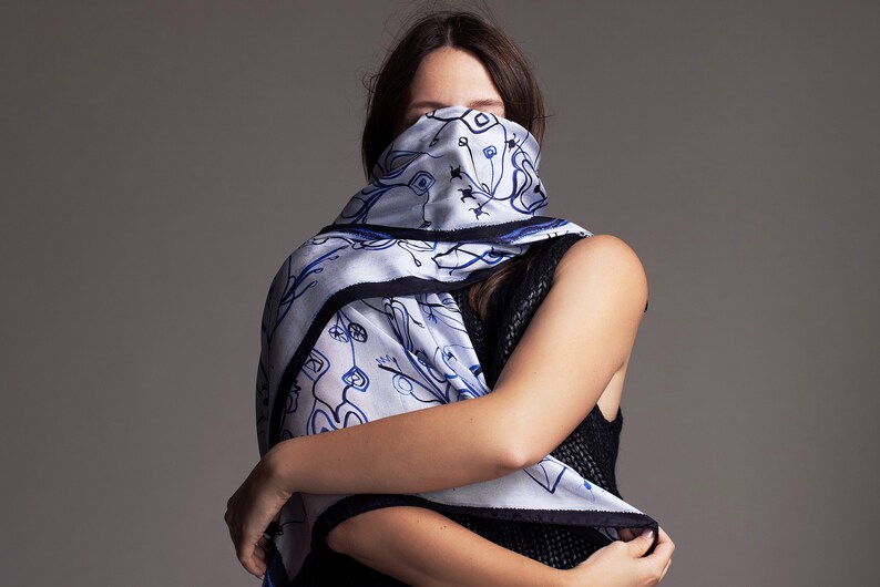 White and Blue printed rectangular silk scarf, Light and airy shawl, Original hand drawn artwork followed by digital printing, Made in Italy image 3