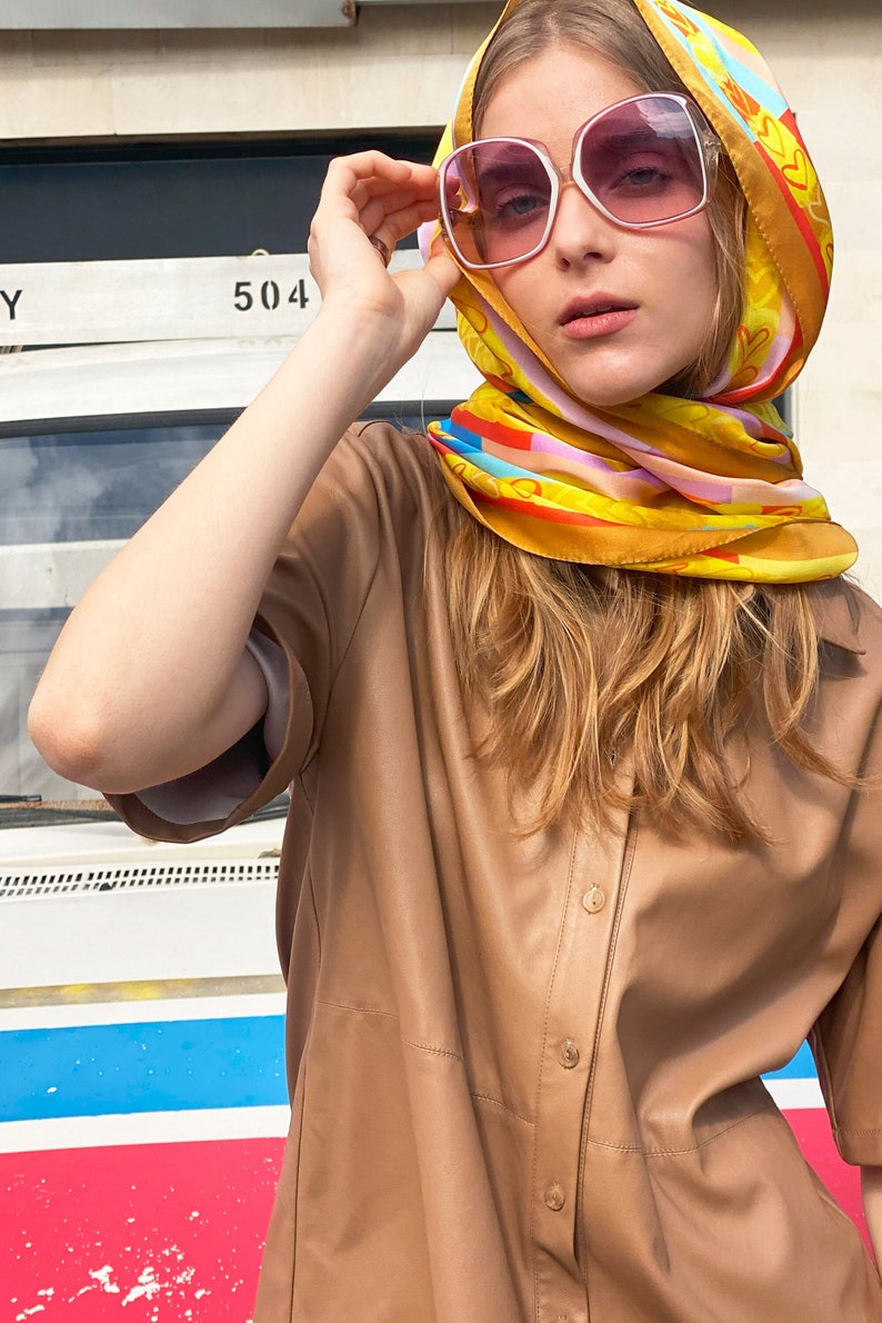 Printed silk scarf with hearts, Retro vibes lightweight silk shawl, Gift for her. Colorful scarf in Yellows, Ochre, Red, Blue, Powder Pink. image 1