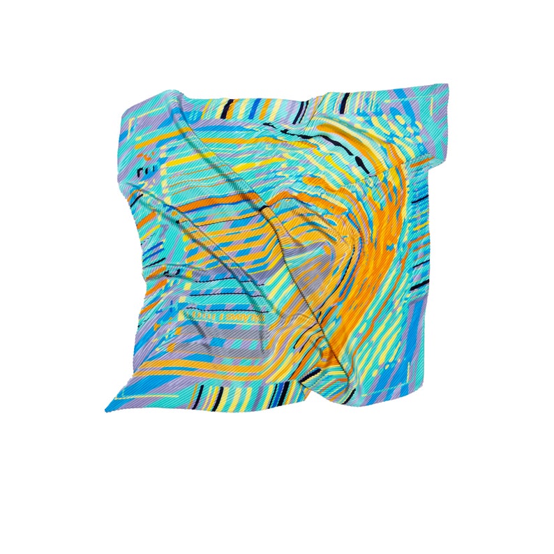 Printed silk twill Plisse silk scarf in diamond shape, Designer multicolored pleated scarf in teal, orange, yellow, grey, dark blue. Made in Italy