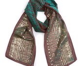 SALE: Two sided shiny scarf, screen printed Mint and Gold on Brown Chiffon long and narrow scarf