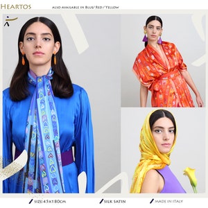 Printed silk scarf with hearts, Retro vibes lightweight silk shawl, Gift for her. Colorful scarf in Yellows, Ochre, Red, Blue, Powder Pink. image 10