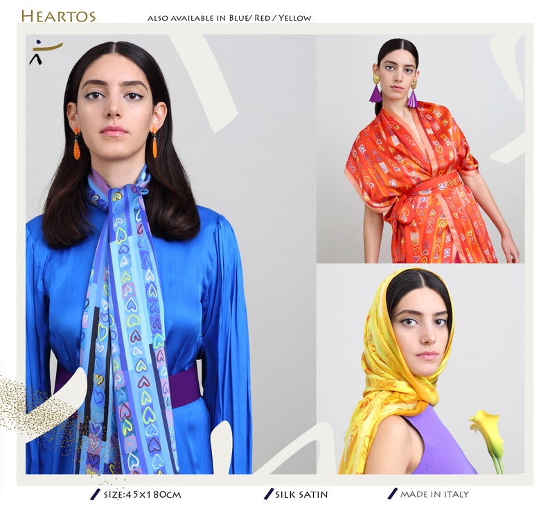 Printed silk scarf with hearts, Retro vibes lightweight silk shawl, Gift for her. Colorful scarf in Yellows, Ochre, Red, Blue, Powder Pink. image 10