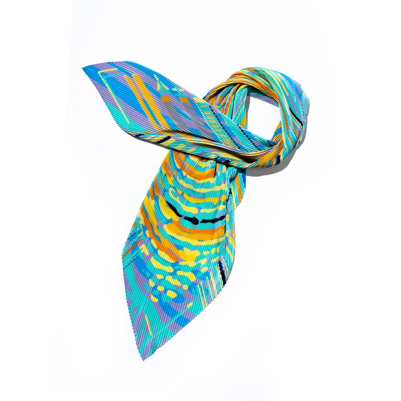 Printed silk twill Plisse silk scarf in diamond shape, Designer multicolored pleated scarf in teal, orange, yellow, grey, dark blue. Made in Italy