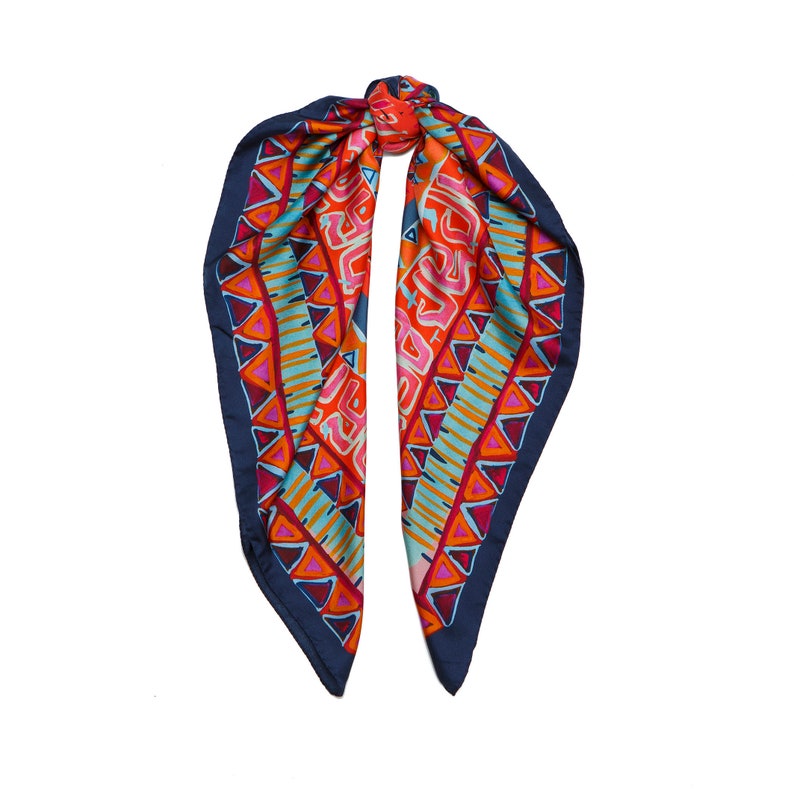 Printed square silk twill scarf, Bold red ethnic foulard, Luxurious designer scarf by Dikla Levsky, Gift for her image 2