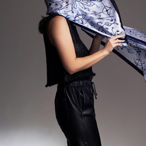 White and Blue printed rectangular silk scarf, Light and airy shawl, Original hand drawn artwork followed by digital printing, Made in Italy image 2