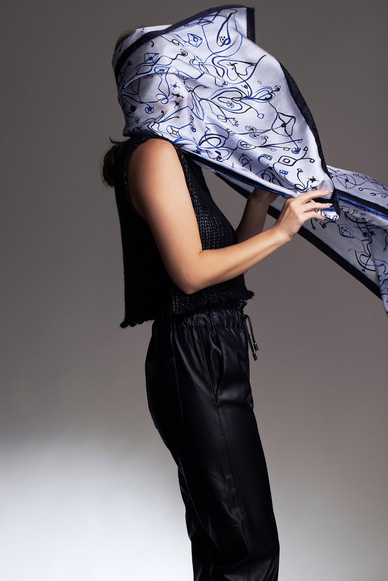 White and Blue printed rectangular silk scarf, Light and airy shawl, Original hand drawn artwork followed by digital printing, Made in Italy image 2
