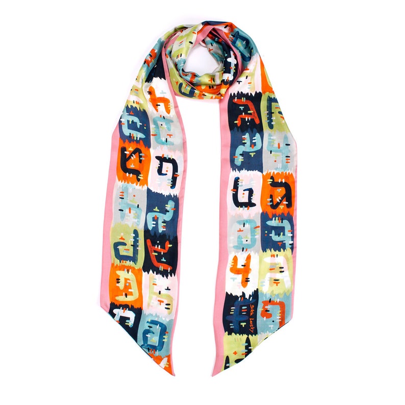 Printed extra long silk scarf, skinny twill double sided scarf, Gibberish multicolored scarf for her, Elegant shape and diagonal edges image 4