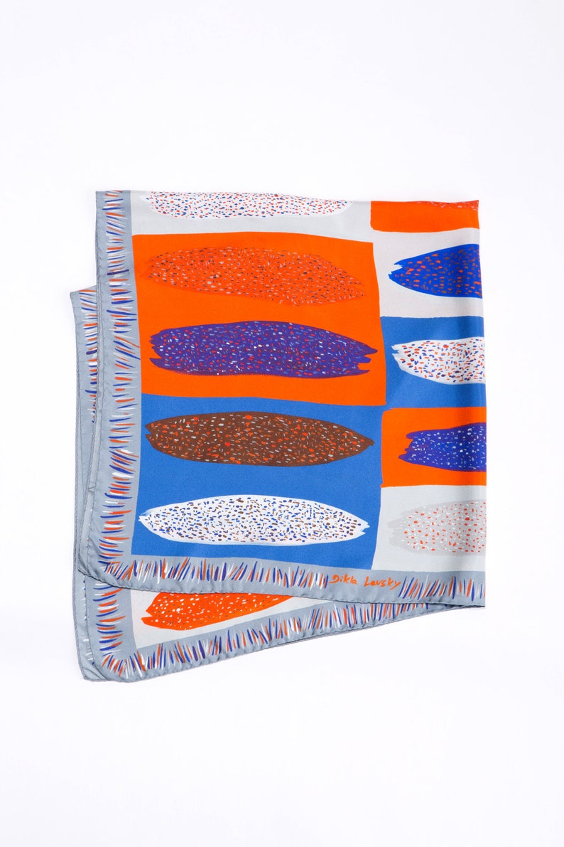 Printed silk twill scarf, Square Colorful scarf, Etsy design awards finalist. Orange, Grey, Blue, Original design by Dikla Levsky image 7