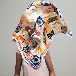 Printed silk scarf, Square Italian twill silk scarf, Multicolored Classic foulard, Designer original scarf by Dikla Levsky