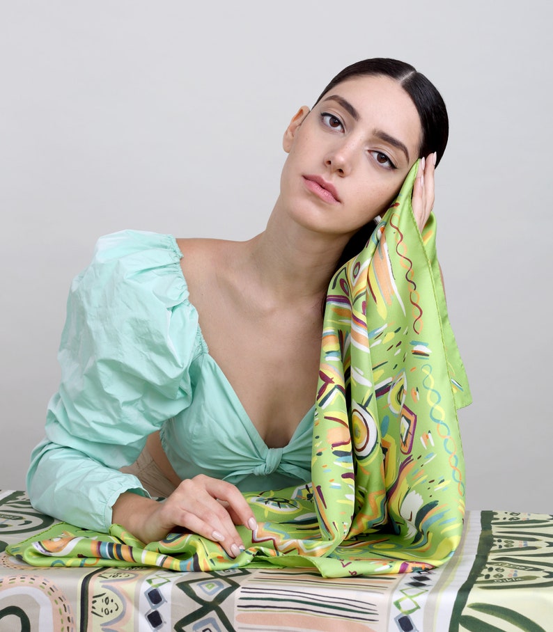 Square silk scarf printed in vibrant lime, Colorful twill silk foulard in classic size, Original designer scarf by Dikla Levsky image 3