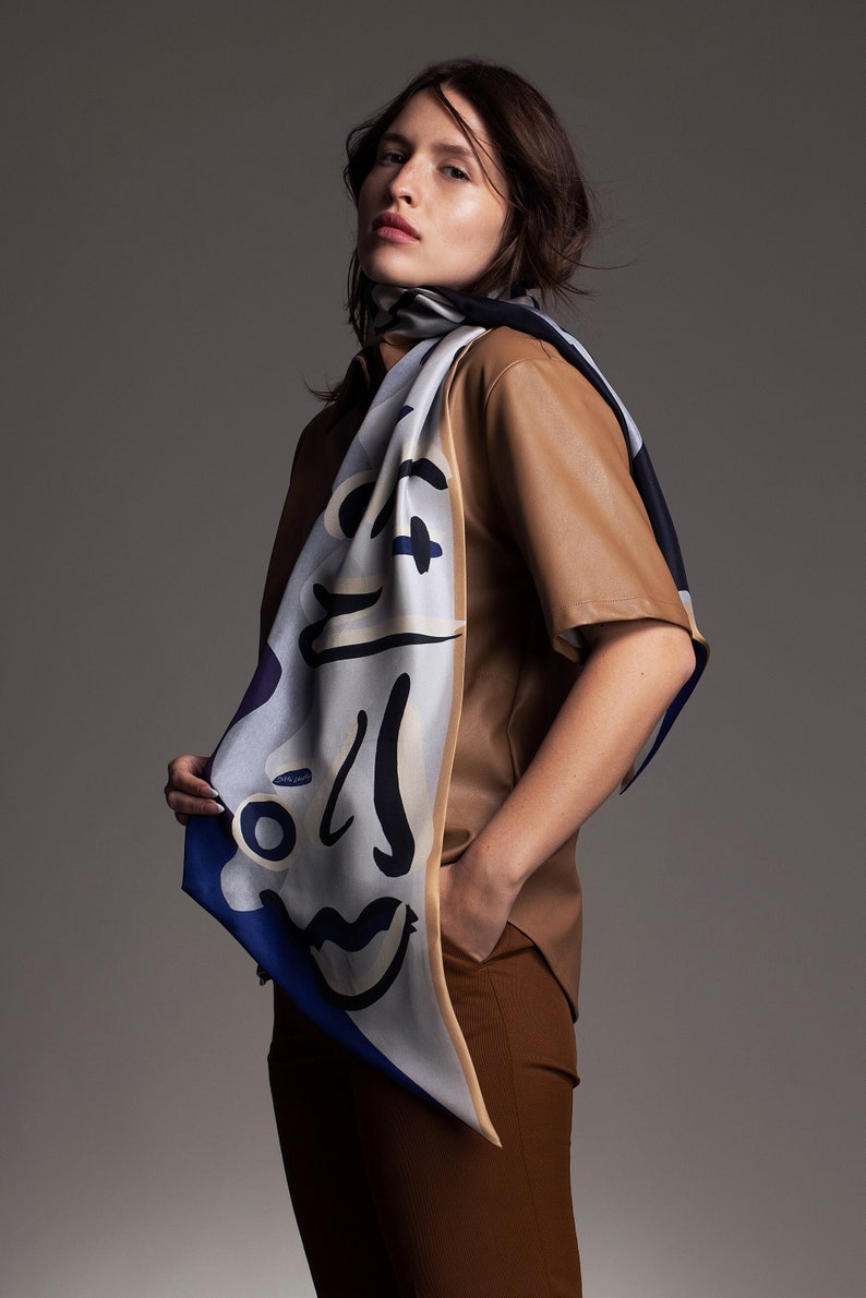 Printed silk scarf , double sided bias cut long scarf made from twill, Dark blue, Grey, Black, Tan brown