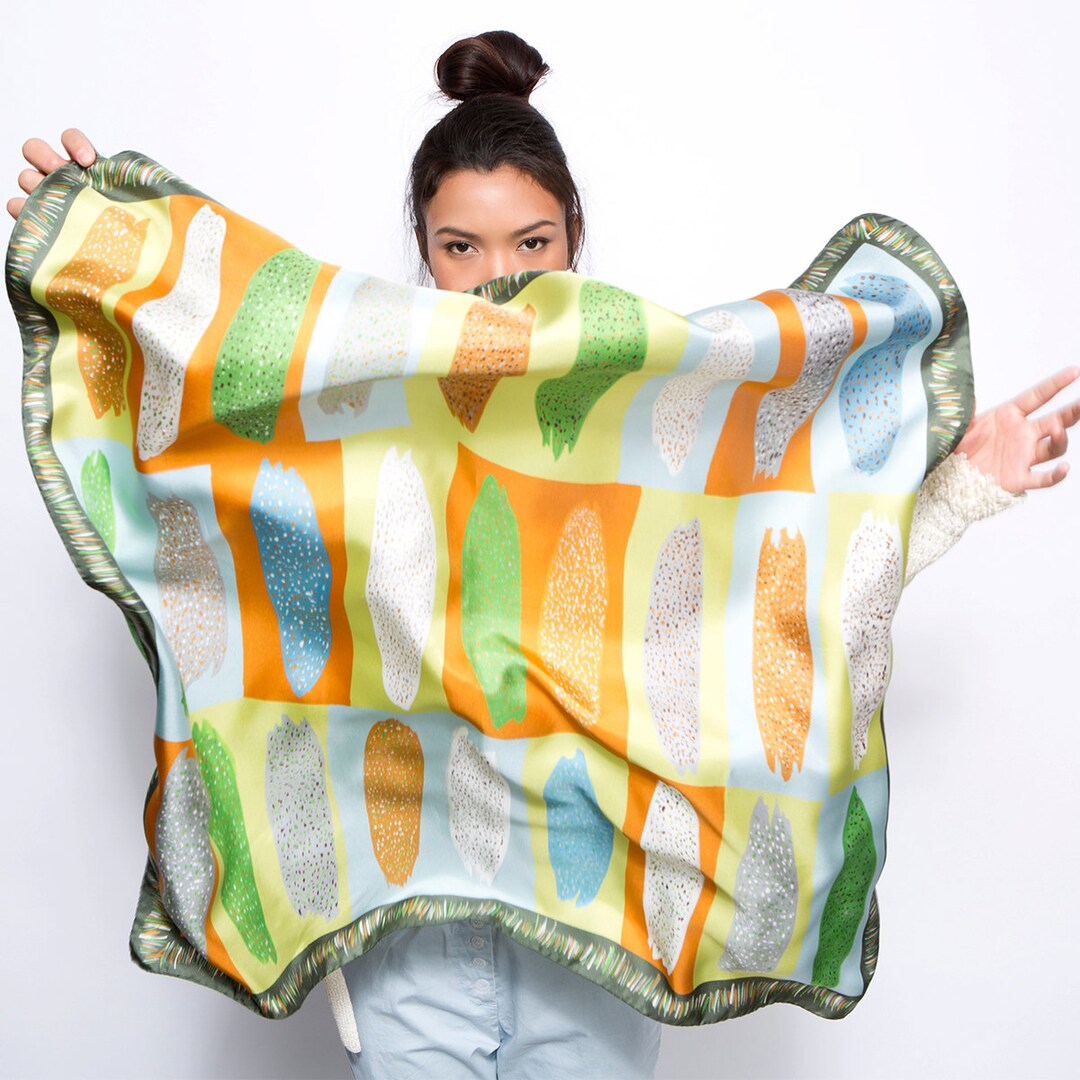 Printed Silk Scarf, Square Silk Twill Scarf, Ethnic Colorful Foulard, Green, Mustard, Pale Blue ...