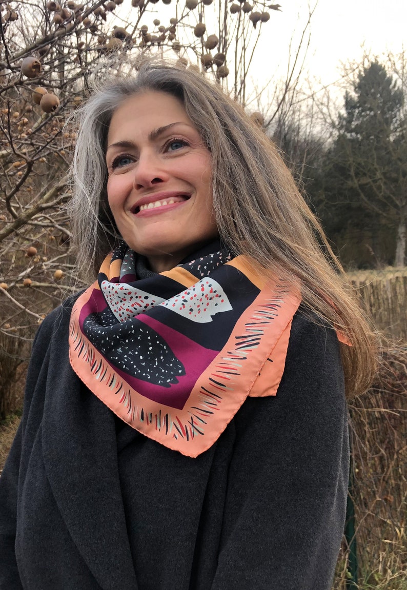 Printed silk scarf in autumn colors, Designer scarf by Dikla Levsky image 8