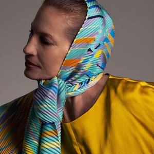 Printed silk twill Plisse silk scarf in diamond shape, Designer multicolored pleated scarf in teal, orange, yellow, grey, dark blue. Made in Italy
