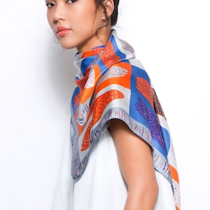 Printed silk twill scarf, Colorful square designer scarf by Dikla Levsky, Etsy Design Awards WINNER, Made in Italy, Orange, Blue, Grey image 2