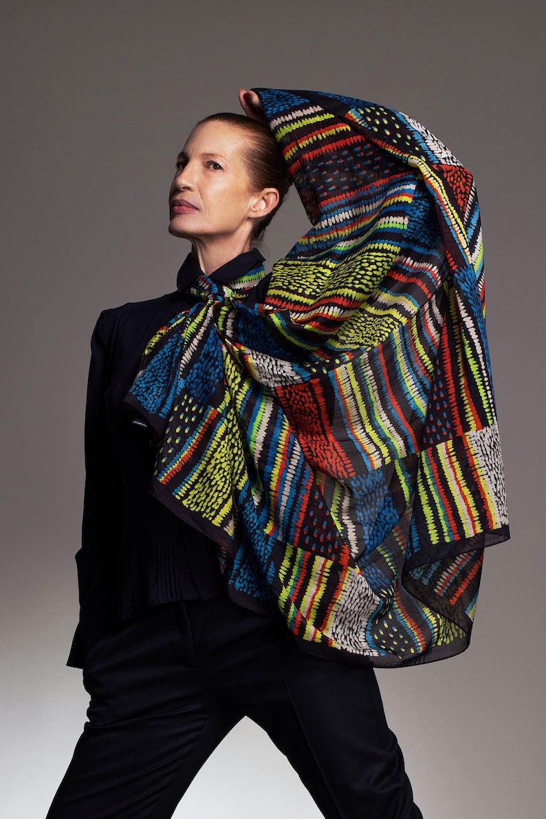 Printed multicolor scarf made from cotton and silk blend, Neon oversized scarf, Original designer Pareo from Dikla Levsky, Beach cover-up image 1