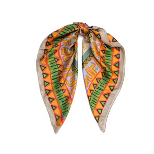 Printed multicolor square silk twill scarf in ,35.5 inch square. Designer scarf by Dikla Levsky. Made in Italy