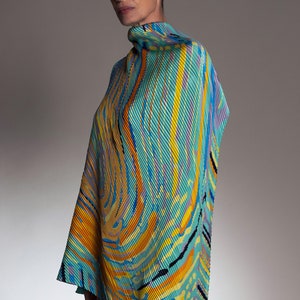 Pleated printed silk twill scarf, Plissé diamond shaped luxury designer scarf, Made in Italy. Main colors: Teal blue, Orange, Grey, Yellow image 3