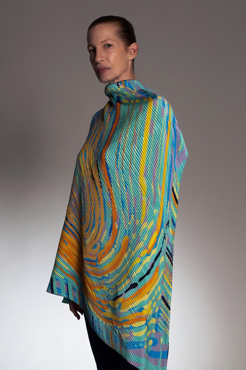 Pleated printed silk twill scarf, Plissé diamond shaped luxury designer scarf, Made in Italy. Main colors: Teal blue, Orange, Grey, Yellow image 3