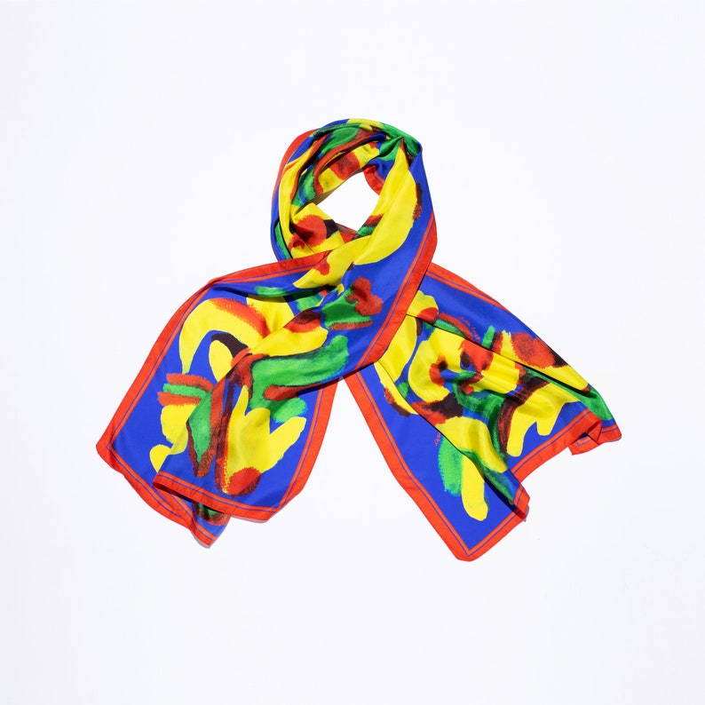 Multicolored printed silk scarf with an original abstract floral print by Dikla Levsky, Bold retro designer summer scarf, Made in Italy image 4