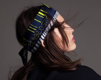 Printed mini silk scarf in a narrow shape and diagonal edges, Skinny scarf in Dark Blue, Grey and Lime.