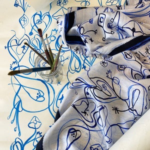 White and Blue printed rectangular silk scarf, Light and airy shawl, Original hand drawn artwork followed by digital printing, Made in Italy image 9