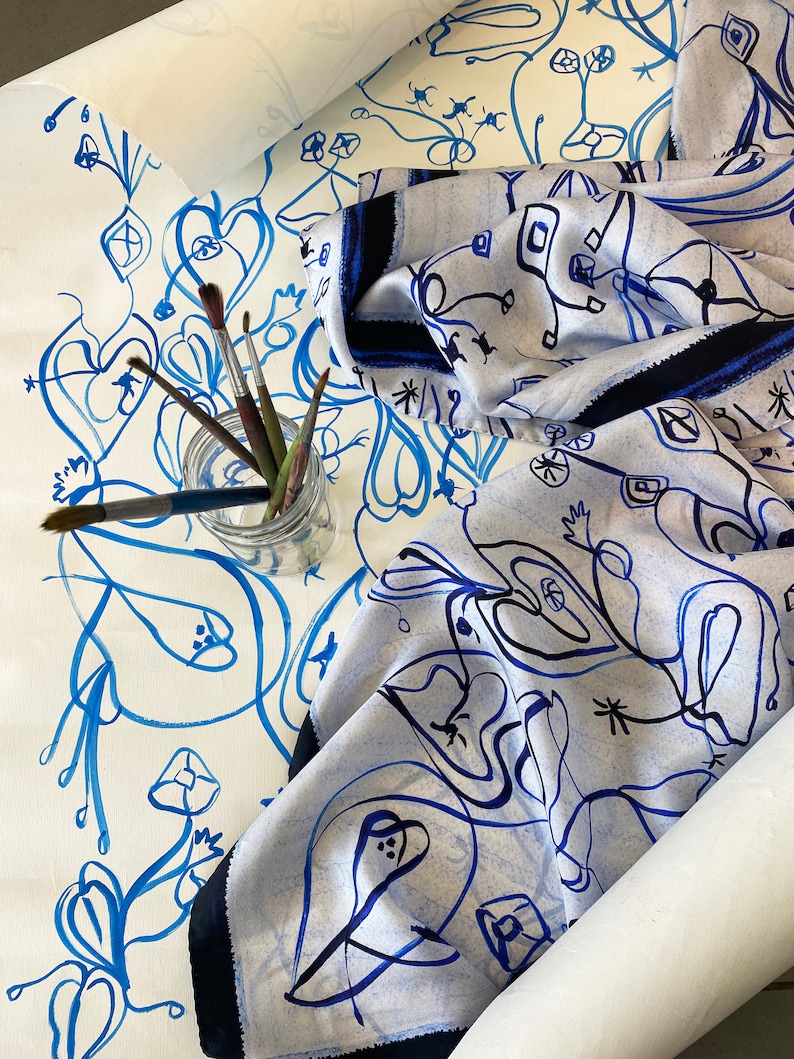 White and Blue printed rectangular silk scarf, Light and airy shawl, Original hand drawn artwork followed by digital printing, Made in Italy image 9