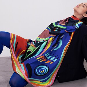 Multicolored huge square designer scarf made from twill silk, 55 inch silk Pareo body wrap, All seasons versatile Luxury accessory for her
