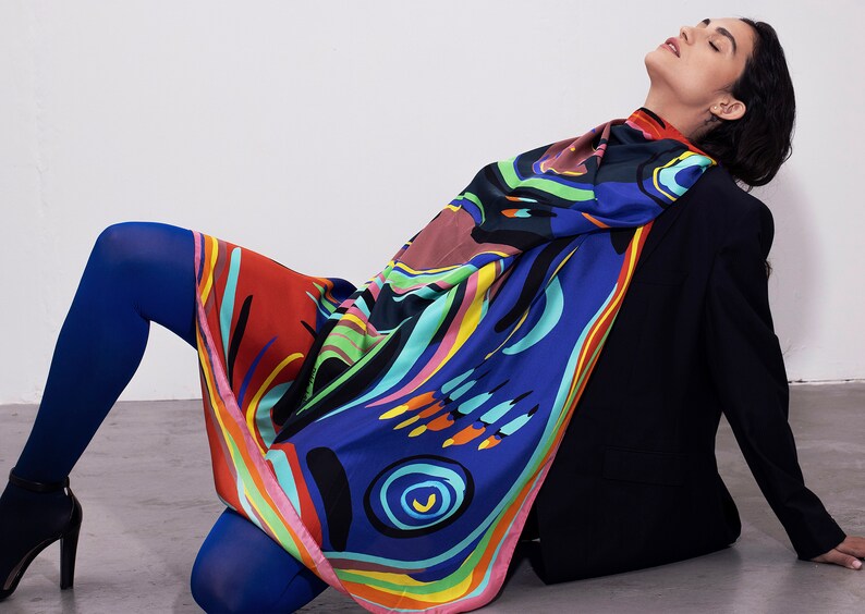 Multicolored huge square designer scarf made from twill silk, 55 inch silk Pareo body wrap, All seasons versatile Luxury accessory for her