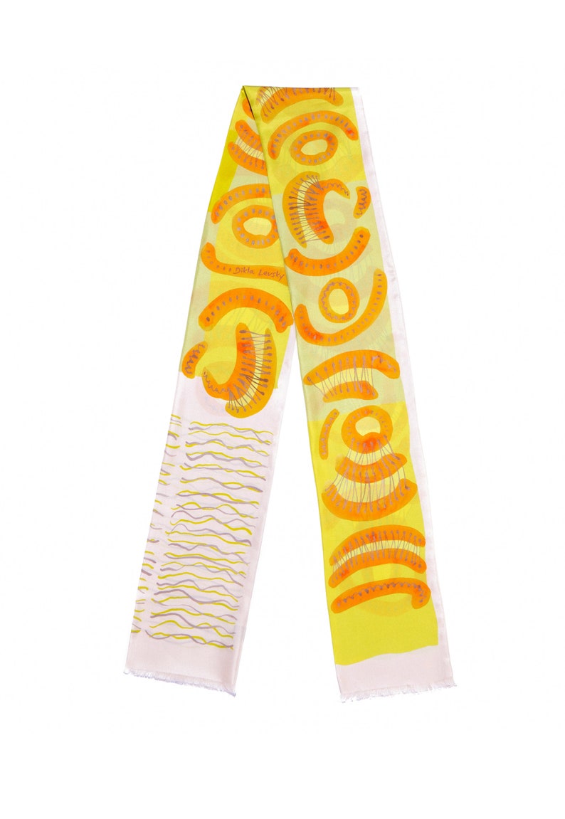 Elegant narrow silk twill scarf with yellow, white and orange image 2