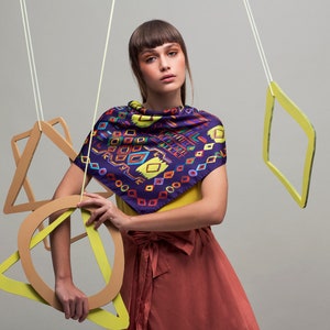 Printed silk twill scarf with original design inspired by ethnic rugs. Classic square foulard, Colorful designer scarf by Dikla Levsky. image 8