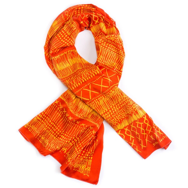 SALE: Orange and Yellow silk scarf, hand printed with an African inspired pattern by Dikla Levsky