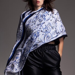 White and Blue printed rectangular silk scarf, Light and airy shawl, Original hand drawn artwork followed by digital printing, Made in Italy image 4
