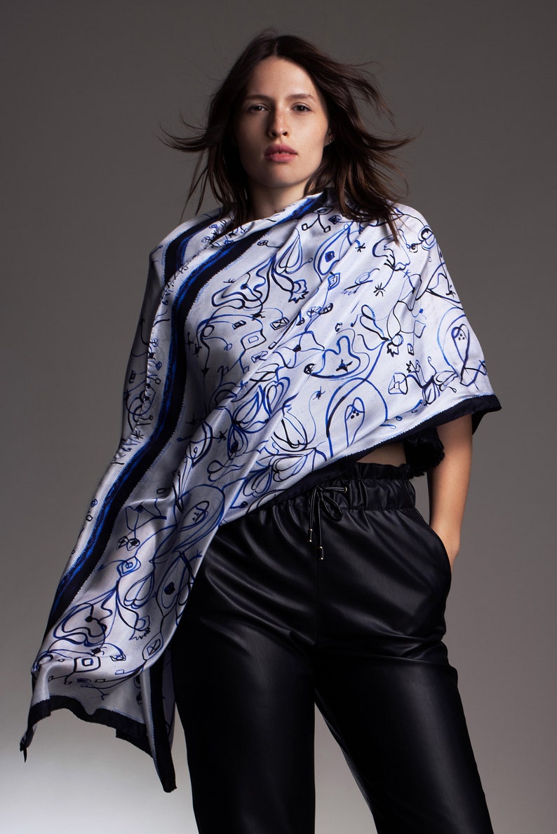 White and Blue printed rectangular silk scarf, Light and airy shawl, Original hand drawn artwork followed by digital printing, Made in Italy image 4