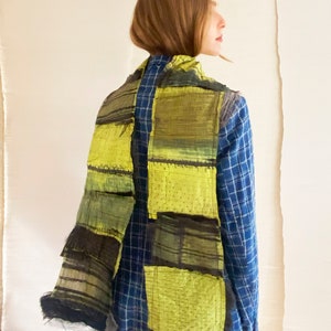 Handmade rustic one of a kind narrow shawl with frayed edges, Neon Yellow, Black and Grey patchwork hand dyed silk and wool scarf, Gift idea image 3