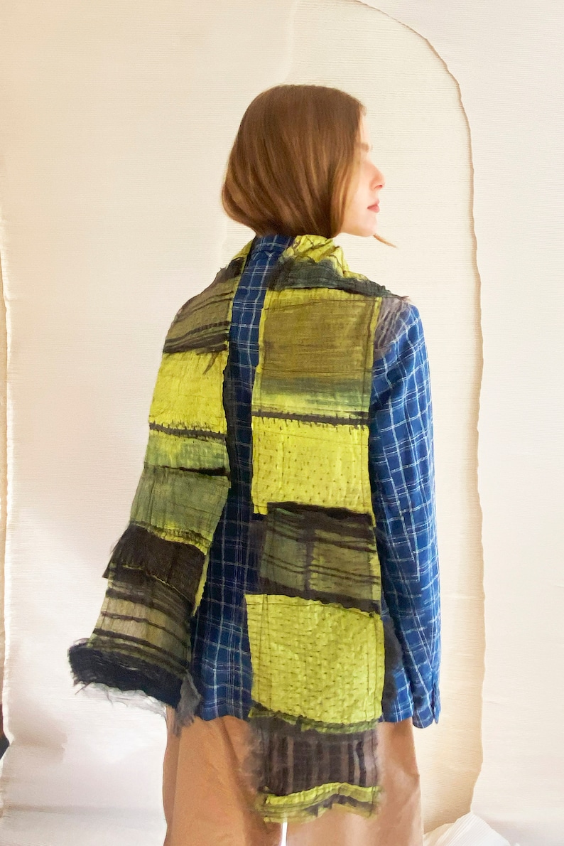 Handmade rustic one of a kind narrow shawl with frayed edges, Neon Yellow, Black and Grey patchwork hand dyed silk and wool scarf, Gift idea image 3