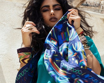 Back in stock Square Silk scarf, Printed Colorful foulard, Made In Italy, Blue silk twill luxury scarf by Dikla Levsky.