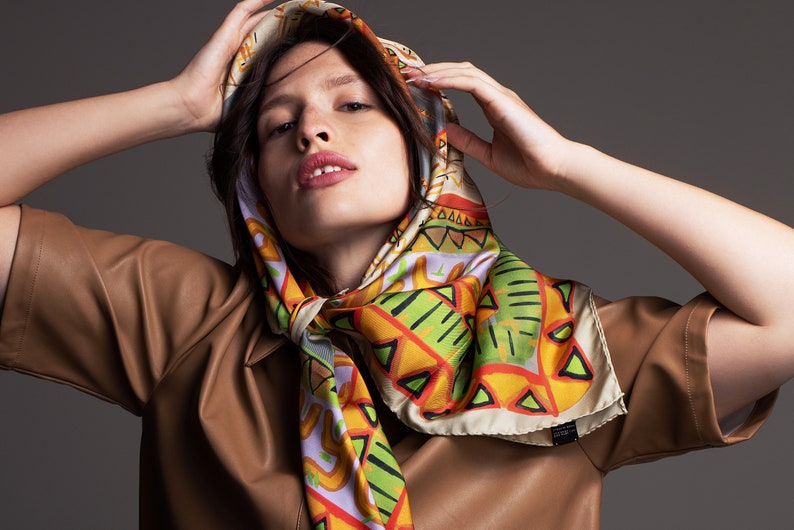 Printed multicolor square silk twill scarf in ,35.5 inch square. Designer scarf by Dikla Levsky. Made in Italy