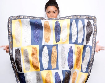 Silk twill printed square scarf, Luxurious classic scarf, Made in Italy, Grey, Yellow, Blue, Designer scarf by Dikla Levsky