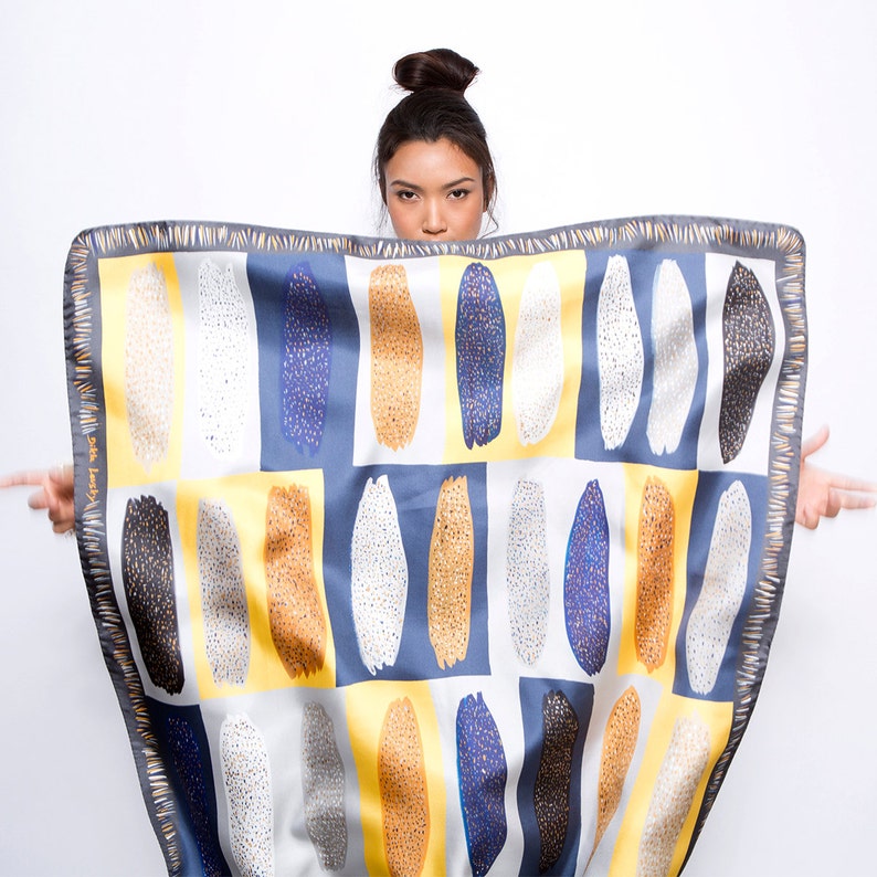 Printed silk scarf, square silk foulard, Italian silk twill scarf, Yellow, Grey, Blue, designer scarf by Dikla Levsky image 2