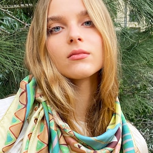 Printed square silk twill scarf in soft colors, Original designer scarf by Dikla Levsky, Made in Italy, Gift Box included, 35 x 35 in image 2