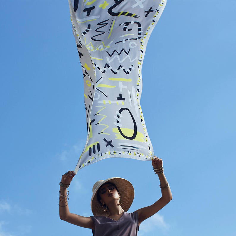 Printed scarf made from light twill silk, Rectangular designer scarf in light grey, white, black and neon yellow. image 3