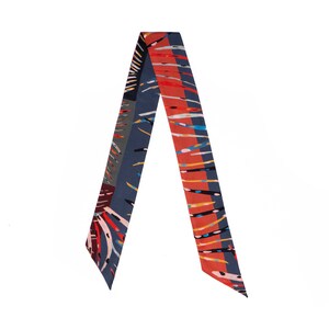 Printed mini scarf in Red and Denim, Silk twill neckerchief, Made in Italy image 5