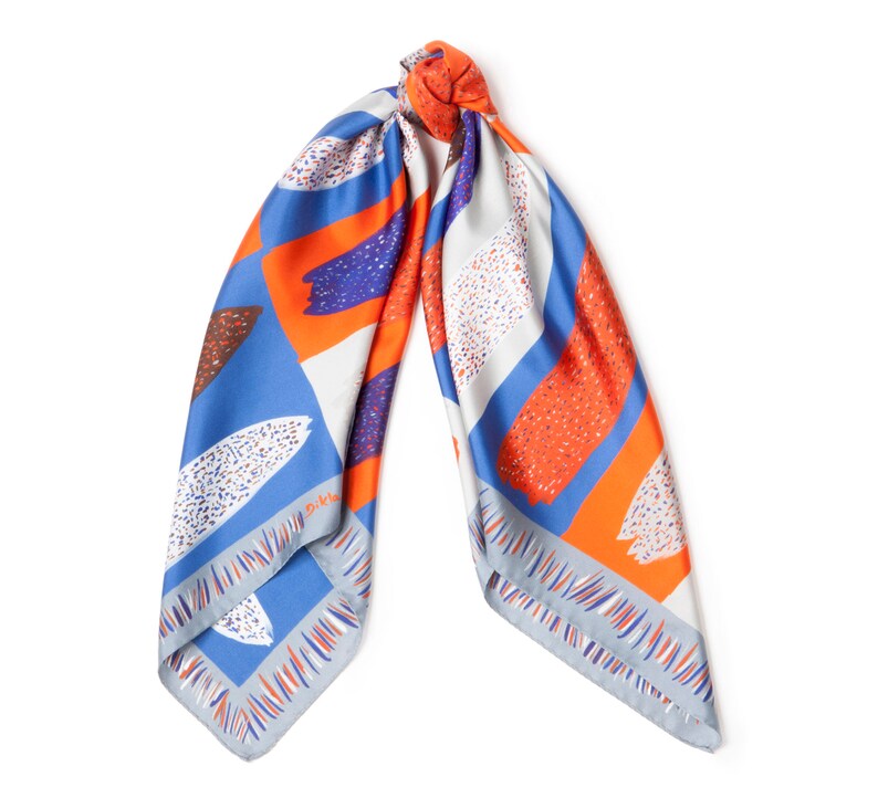 Printed silk twill scarf, Square Colorful scarf, Etsy design awards finalist. Orange, Grey, Blue, Original design by Dikla Levsky image 4